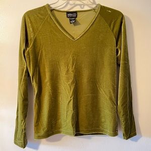 Vintage Crushed Velvet Vneck Long Sleeve Shirt Olive Greenish Size S 🧝‍♀️🧚